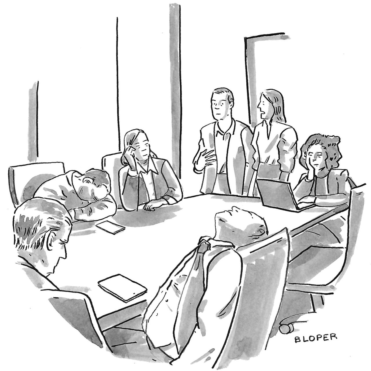 A man and a woman in business clothes survey a conference table surrounded by exhaustedlooking people.