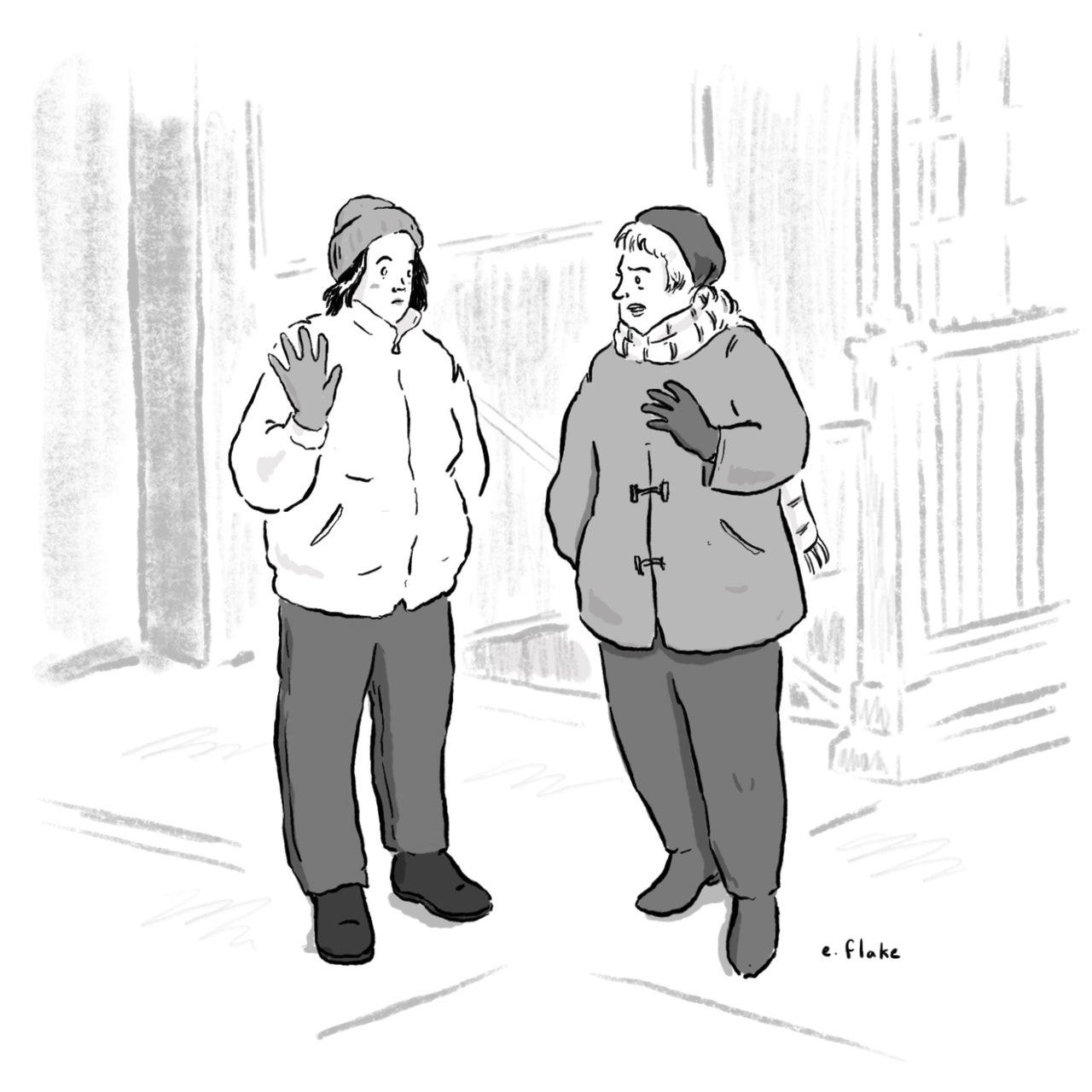 Two people in heavy winter clothing are chatting on a street corner.